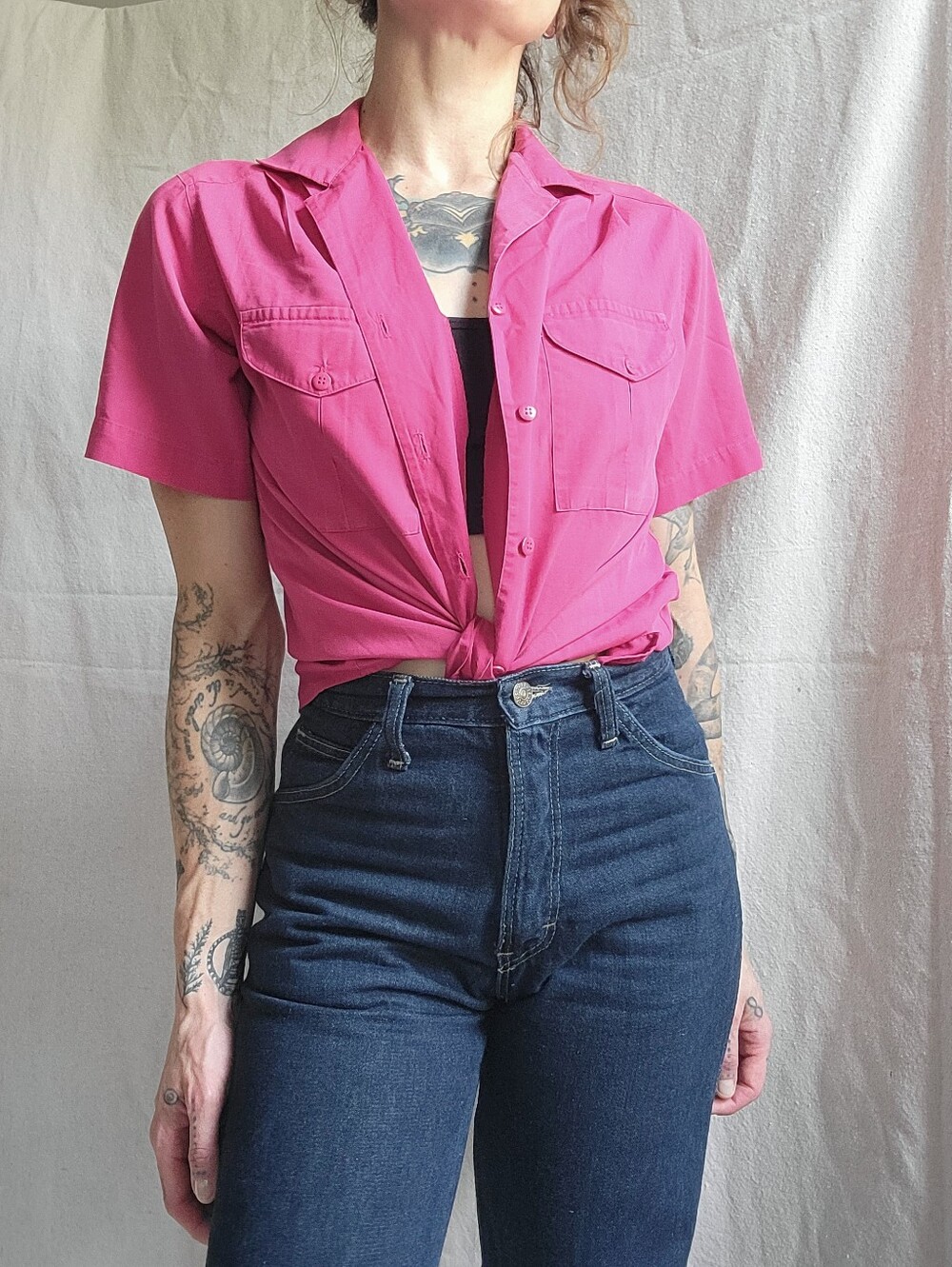 Vintage 80s 90s Alicia Magenta Pink Camp Shirt Western Workwear Top Small